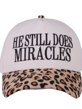 White Baseball Cap with Leopard Bill - He Still Does Miracles